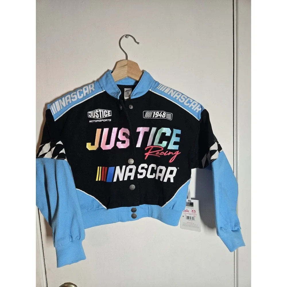 JUSTICE NASCAR RACING JACKET Girls Size Xsmall 5/6 New With Tags Blue Bomber